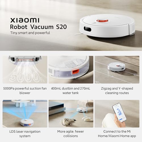 Xiaomi Robot Vacuum S20: 5000Pa Robot Vacuum and Mop with LDS Laser Navigation, Smart Mapping, 400mL Dustbin & 270mL Tank, Alexa/Google Assistant