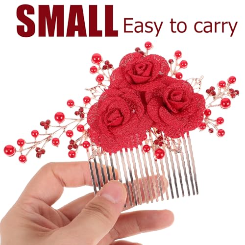 2 Pcs Red Hair Accessories, Gold Rose Bridal Side Combs Floral Rhinestone Pearl Vintage Decorative Crystal Emerald Headpiece Wedding Sparkly Accessory for Women