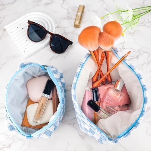 ZLFSRQ 3Pcs Checkered Makeup Bag for Women Large Cosmetic Bag Set Travel Toiletry Bag Makeup Pouch Bag for Purse Pink Zipper Storage Bag Organizer Cute Small Aesthetic Girls Car Essentials Bag