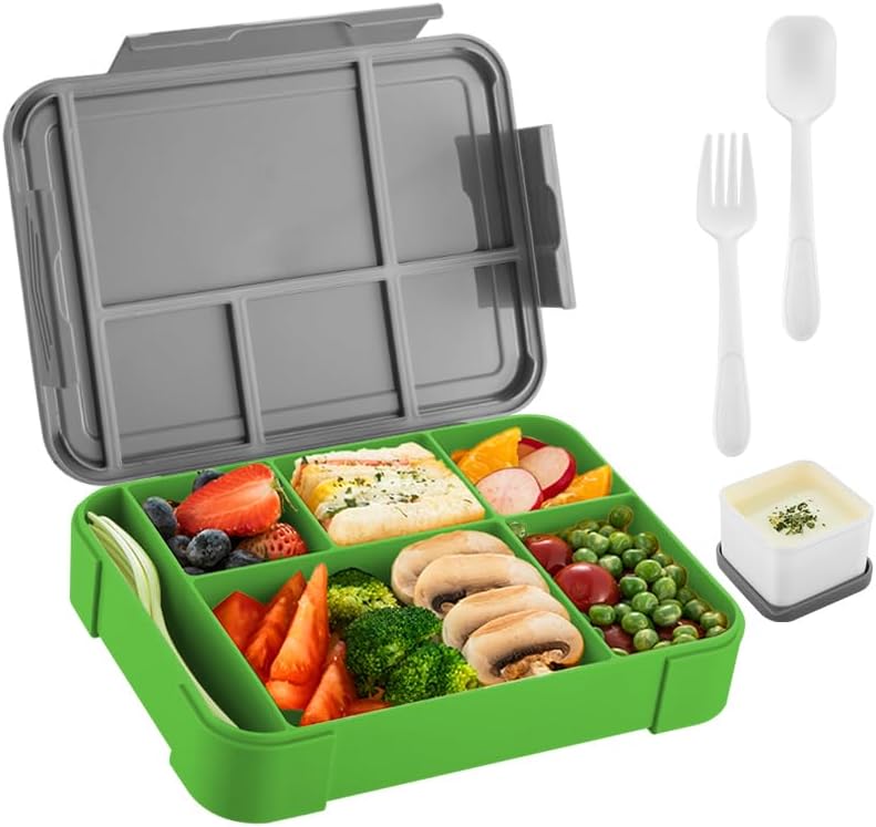 4H Essential Bento Lunch Box 6 Compartments, Leak Proof Food Container, BPA Free Microwave Safe, Meal Prep Box for Adults Kids School Office Travel (Green) - Grey