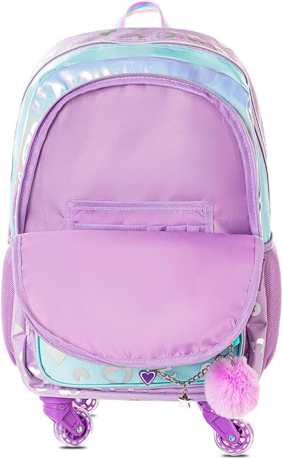 4-wheel Trolley 17" School Bag Set of 3 w/Lunch Bag and Pencil Pouch - Love Purple