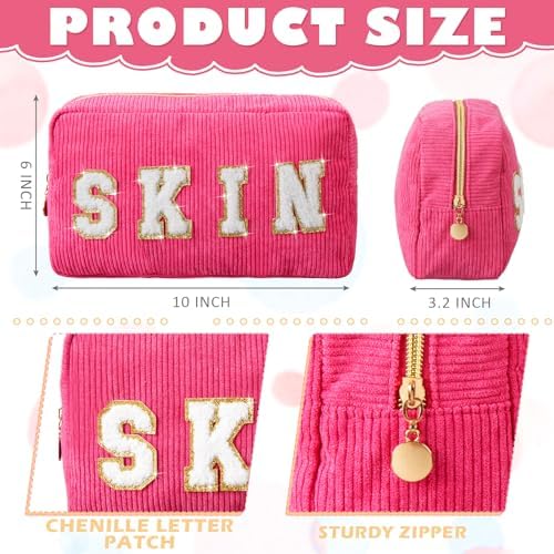 Pinkunn 4 Pcs Preppy Makeup Bags Christmas Chenille Letter Bag Face Skin Hair Stuff Cosmetic Bag Corduroy Makeup Pouch with Zipper Birthday Gifts for Women(Purple, Pink, White, Blue,Corduroy)