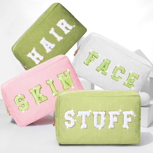 Pinkunn 4 Pcs Preppy Makeup Bags Christmas Chenille Letter Bag Face Skin Hair Stuff Cosmetic Bag Corduroy Makeup Pouch with Zipper Birthday Gifts for Women(Purple, Pink, White, Blue,Corduroy)