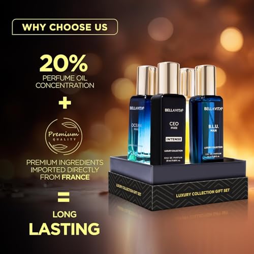 BellaVita Luxury Perfume Gift Set for Men | Includes OUD Gold, Ocean, B.L.U, & CEO Man Perfume | Long-Lasting Cologne Fragrance | Oud Perfume for Men | Premium Collection Perfumes ??4 x 20ml