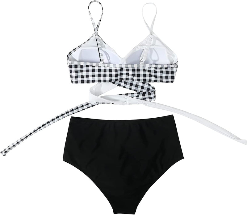 Women High Waisted Wrap Bikini Set Back Tie 2 Piece Swimsuits Low Neck Push Up Bathing Suits Solid Swimwear Print Criss cross Swimming suit Beachwear