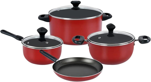 Prestige 7 Piece Non-Stick Aluminium Cookware sets Non Stick Aluminium Casserole Sauce Pan Fry Pan - Red