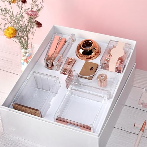 THE WHITE SHOP Acrylic Stapler, Rose Gold Desk Accessories, Office Supplies Set Acrylic Stapler, Set Staple Remover, Tape Holder, Pen Holder