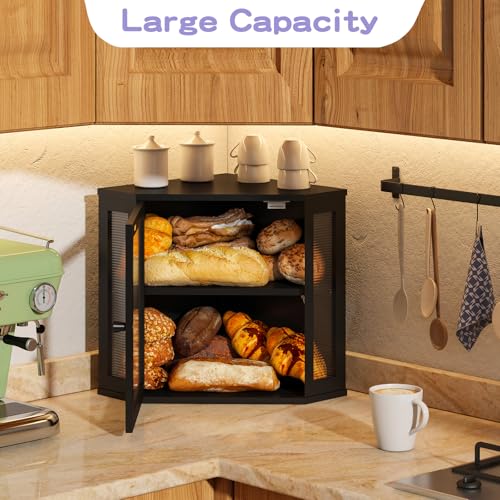 Wieghda Corner Bread box for Kitchen Countertop,Farmhouse Bread Box with Acrylic Wavy Door Panel,Large Bread box for kitchen countertop,Kitchen Countertop Food Storage Container (Black, Meduim)