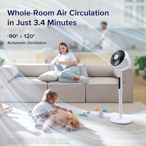 Levoit 20dB Quiet Pedestal Fans for Bedroom, 2465m�/ h Powerful Air Circulator Fan with Remote, 90�+120� Oscillating, 12 Speeds, 4 Modes, 12H Timer, Adjustable Height, Standing Fan for Home Office