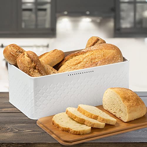White Bread Box For Kitchen Countertop - Bread Box With Bamboo Wood Cutting Board Lid - Farmhouse White Bread Boxes - Metal Large Bread Box Modern Style To Extend Freshness - Bread Storage Container