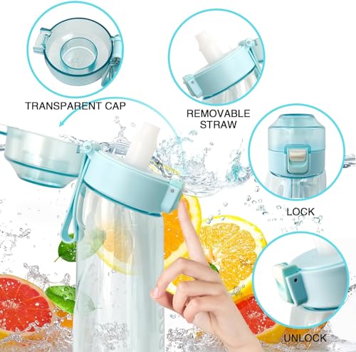 Pretocter Sports Air Water Bottle Set with 7 Flavor Pods Fruits Fragrance Water Cup Kids Water Bottle with Straw Drinking Bottle Travel Ice Bottle Outdoor Clear Water Bottle for Women Men 650ML-Blue