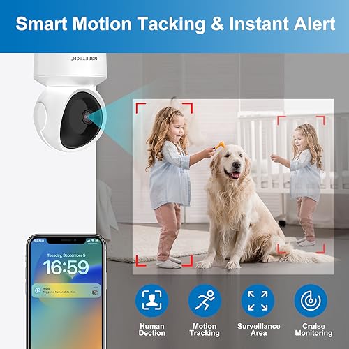 INSEETECH 4MP Indoor Wireless Security Camera, 2.4/5Ghz Pet WiFi camera with PTZ Auto Tracking, 5g Baby Cam for Dog Cat Home/House Security, Motion Detection, Phone APP Control, 24/7, 2-Way Talk