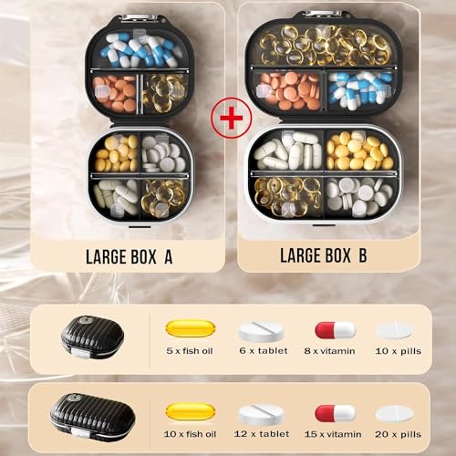 Travel Pill Organizer, 2 Pack Portable Pill Box 7 Day Small Pill Case Moisture Proof Daily Medicine Vitamin Container for Vitamins, Supplements Medication Tracker Travel Essentials (Small+ Large)