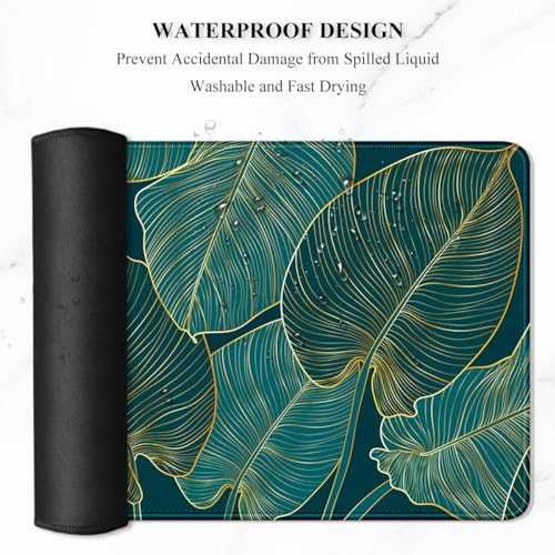 Auhoahsil Desk Mat, Ultra Large Mouse Pad, XXL Gaming Mousepad, Green Tropical Leaves Desk Pad, Big Extended Full Size Mouse Pad, Desktop Desk Matt for Keyboard, Laptop & Computer, 35.5 x 15.7 in