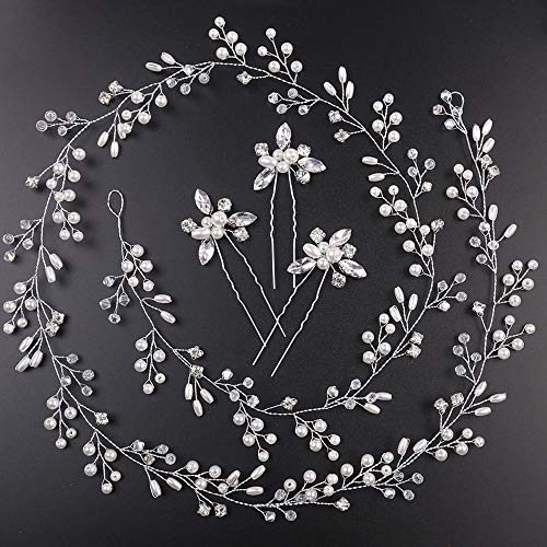 Denifery Bridal Rose Gold and Gold Silver Extra Long Pearl and Crystal Beads Bridal Hair Vine Wedding Head Piece Headband Hair Jewelry Hair Accessories (Silver)