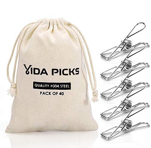 Wire Clothespins Laundry Chip Clips-40 Pack Bulk Clothes Pins with Heavy Duty, Durable Clamp Metal Clothes Pegs Multi-purpose for Outdoor Clothesline Home Kitchen Travel Office Decor Food Bag (Silver)