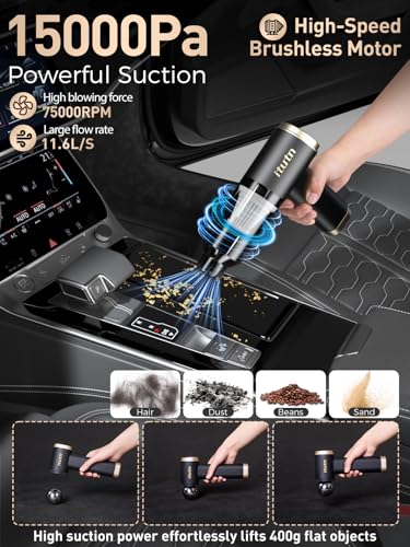 itutn Mini Car Vacuum Cleaner, 15000PA Powerful Suction, Portable Cordless Vacuum for Car, Handheld Small Vacuum Cleaner & Air Duster for Home, Desk,PC, Keyboard (Mini Vacuum + 11 attachments)