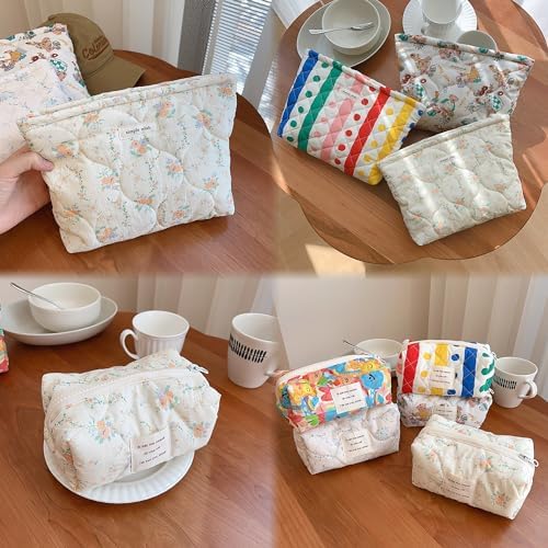 Sminra Floral Makeup Bag Large Cotton Quilted Cosmetic Makeup Bag Organizer, Aesthetic Portable Pouch Purse Toiletry Bag for Women Girls Travel accessories(Blue Floral-L)
