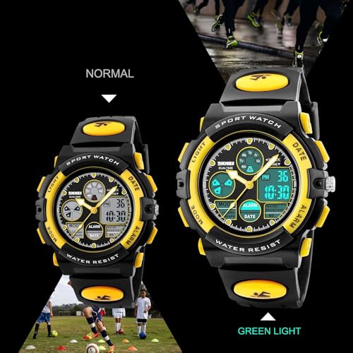Kids Watch, Unisex Kids Watch for 3-15 Year Old Boys, Digital Sport Outdoor Multifunctional Chronograph LED 50 M Waterproof Alarm Calendar Analog Watch with Luminous for Children, Kids Gift (Yellow)