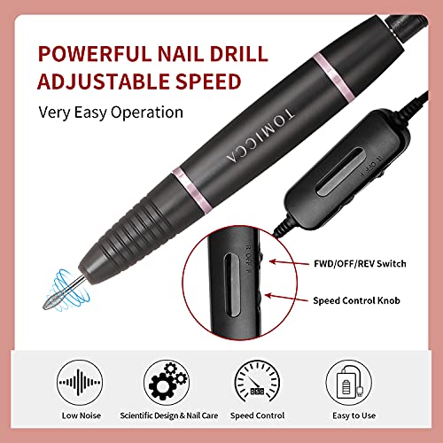 TOMICCA Portable Electric Nail Drill, 12 in 1 Nail Drill Set Electric Nail Files Professional 20000RPM Acrylic Nails Gel Nails Manicure Pedicure Polishing Machine for Home and Salon Use