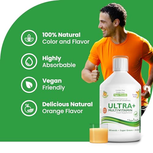 Swedish Nutra - Ultra+ Multivitamin Liquid Food Supplement - Pack of 500 ml, 33 Day Supply | Packed with Vitamins, Minerals, Super Greens & Aminos to Boost Energy & Immunity I Natural Orange Flavour