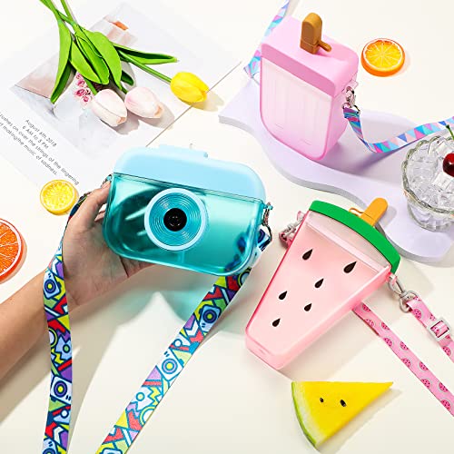 3 Pieces Cute Water Bottles with Straws Creative Kawaii Camera Shaped Ice Cream Bar Watermelon Adjustable Strap Plastic Water Bottle for Travel School Sport Kids (Fresh Style, Red, Pink, Blue)