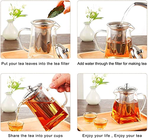 AZSCYN Square Glass Teapot for One with Heat Resistant Stainless Steel Infuser Perfect for Tea and Coffee,Clear Leaf Teapot with Strainer Lid Gift for Your Family or Friends (750 ML)