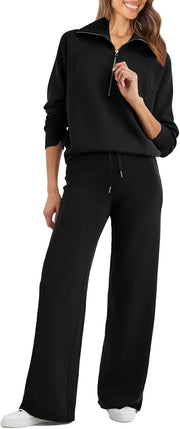 Womens 2 Piece Outfits Sweatsuit Set Oversized Half Zip Sweatshirt Wide Leg Sweatpants Lounge Set Tracksuit - Black