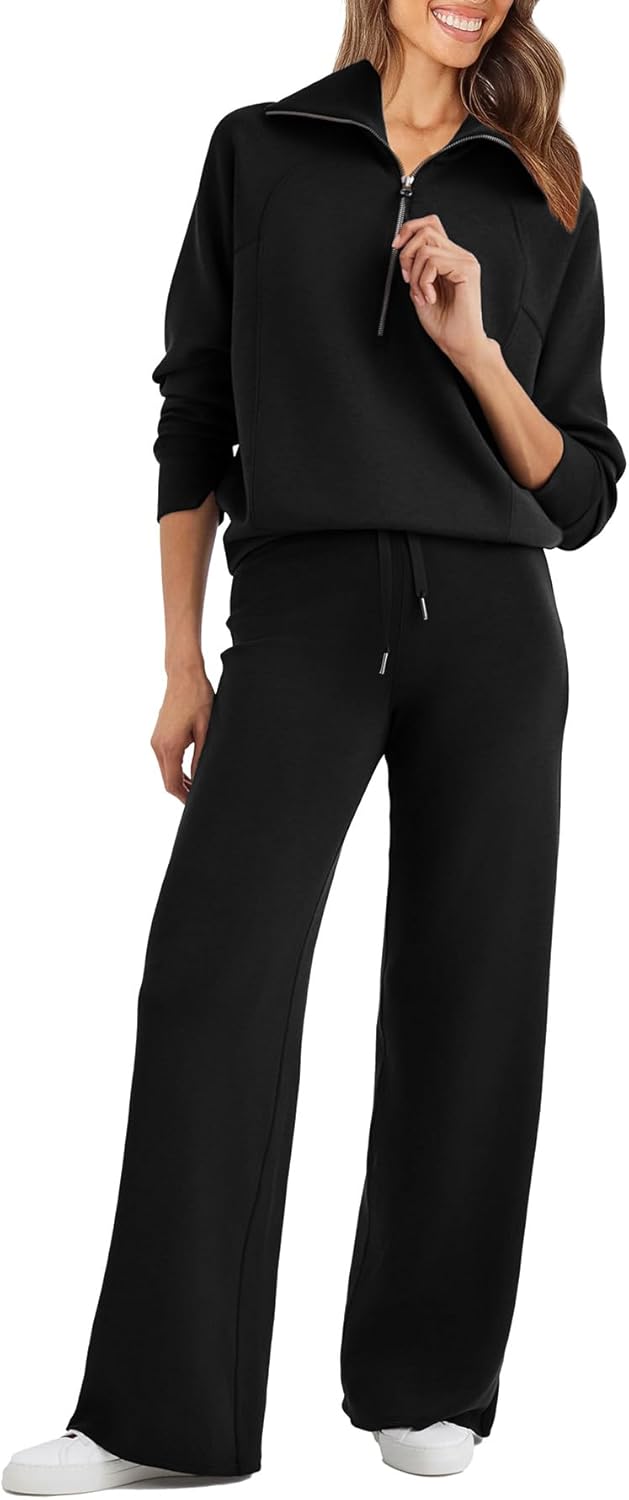 Womens 2 Piece Outfits Sweatsuit Set Oversized Half Zip Sweatshirt Wide Leg Sweatpants Lounge Set Tracksuit - Black