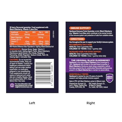 Sambucol Immuno Forte Gummies with Vitamin C & Zinc | Adult Immune Support Supplement | 30 Gummies | Boost Immunity & Protect Against Flu & Illness