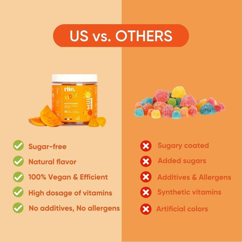 KIDS Sugar-free Vitamin Gummies High dose of Multivitamins: B-Vitamins C and D, Elderberry extract Supports childs growth & immunity Suitable for Kids (age 4+) 60 Vegan Gummies Peach flavor