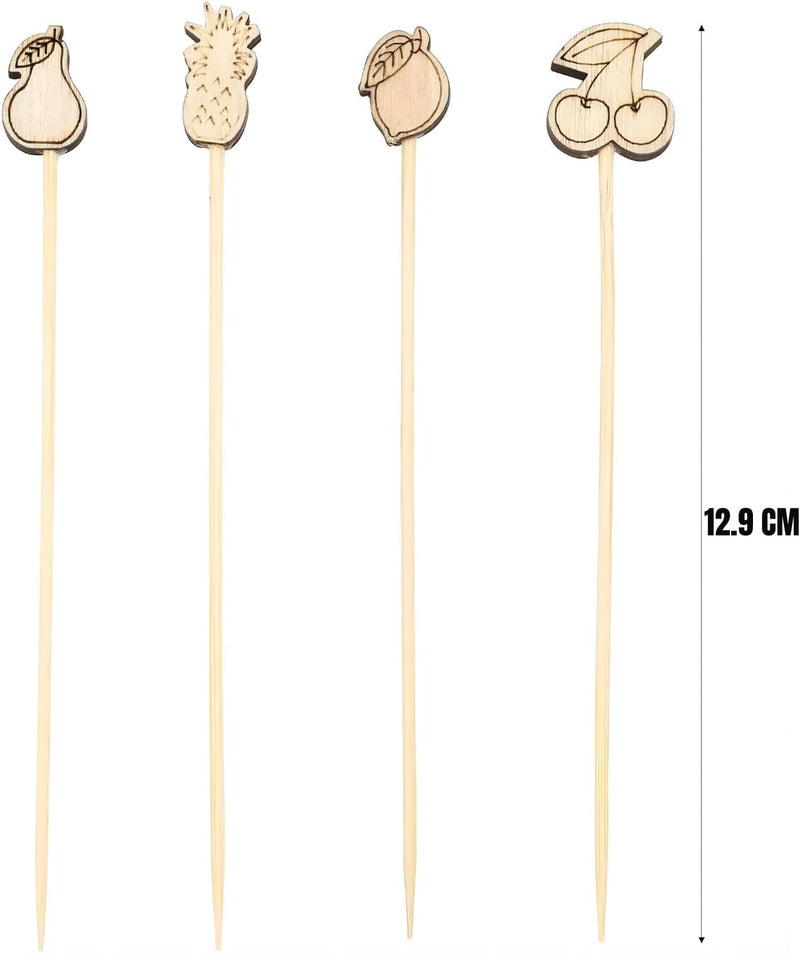 25 Pcs Fruit-Shaped Cocktail Picks 12 CM (4.7 Inch) Bamboo Appetizer & Drink Sticks Assorted Fruit Designs, Natural Wood, for Snacks & Drinks
