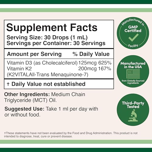 Vitamin D3 K2 5,000 IU Liquid Drops (5,000 IU of D3 and 200mcg of 99.9% All-Trans Patented K2 MK-7 (K2Vital)) Max Absorption Liquid Vitamin D Drops for Kids and Adults (30 Servings) by Double Wood