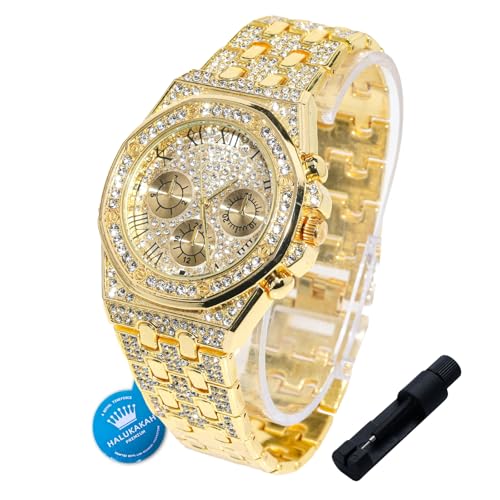 Halukakah Diamonds Watch Iced Out for Boy Teens Kids - 18K Real Gold/Platinum Plated,40mm Roman Numerals Octagonal Dial,Japanese Quartz - 20cm Length -Optional with Cuban Link Chain,with Adjuster Tool