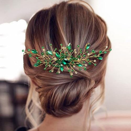 Ling & Bai Wedding Hair Comb, Bridal Emerald Green Crystal Side Headpieces Gold Rhinestone Hair Accessories for Women Bridesmaid Girls (Green)