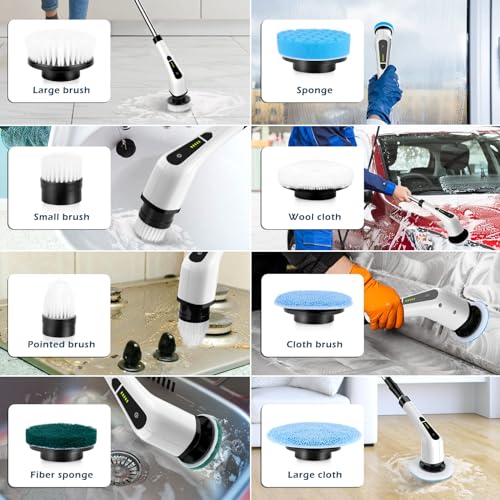 Bomves Cordless Electric Spin Scrubber, Electric Cleaning Brush with 8 Replacement Brush Heads, 90Mins Working Time, 3 Adjustable Handle, 2 Adjustable Speeds for Bathroom Kitchen Bathtub Glass Car