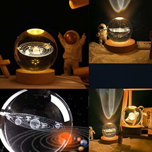 Goodern Night Lights Crystal Glass Ball Light 3D Solar System Nightlight Wooden LED Display Base Stand Home Decor Ornaments Birthday Present Lamp Funny Night Light Warm Light Art Gifts for Kids-A