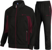 Men's Tracksuit, 2-Piece Set, Casual, Athletic Sweat Suit with Full Zipper, for Jogging, Warm-Up - 03 Black+wine Red