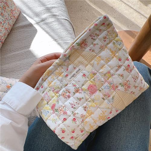 Sminra Floral Makeup Bag Large Cotton Quilted Cosmetic Makeup Bag Organizer, Aesthetic Portable Pouch Purse Toiletry Bag for Women Girls Travel accessories(Blue Floral-L)