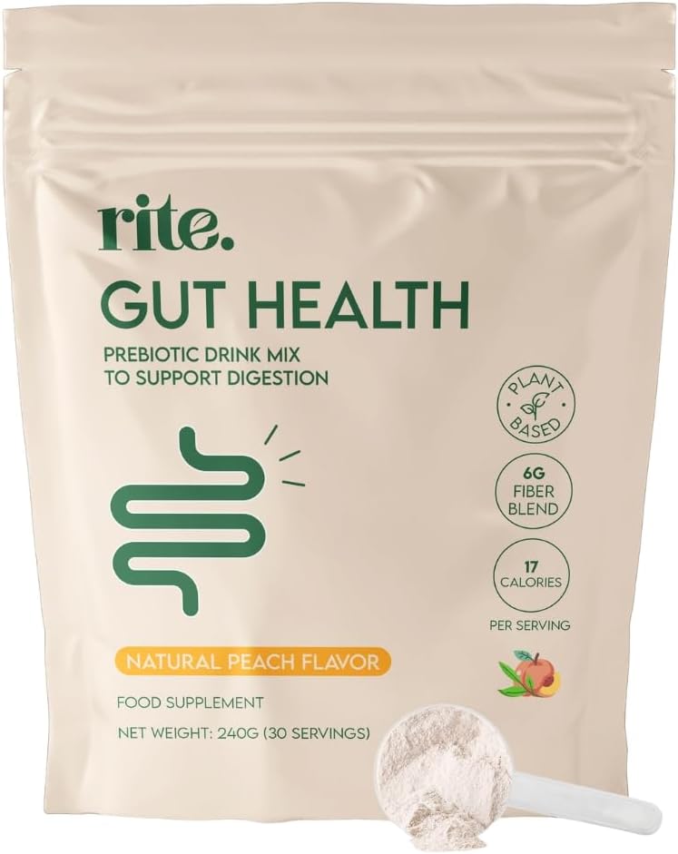 Rite Gut Health Prebiotic Powder, High Fibre, Soluble Fibre Powder, Digestive Health, Vegan, Peach Flavour (30 Servings, 1 Month) - Peach