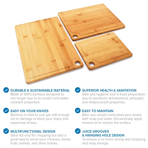 Joeji's Kitchen Set of 3 Bamboo Chopping Boards – Durable Wooden Chopping Board 20 x 15 cm 28 x 22 cm & 33 x 22 cm Wooden Kitchen Chopping Board