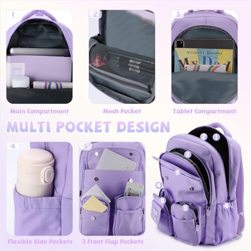 School Bags for Girls,VASCHY Cute Kids Backpack for Elementary Middle Schooler Teen Girls/Kids Travel with Clear Pin Pouch