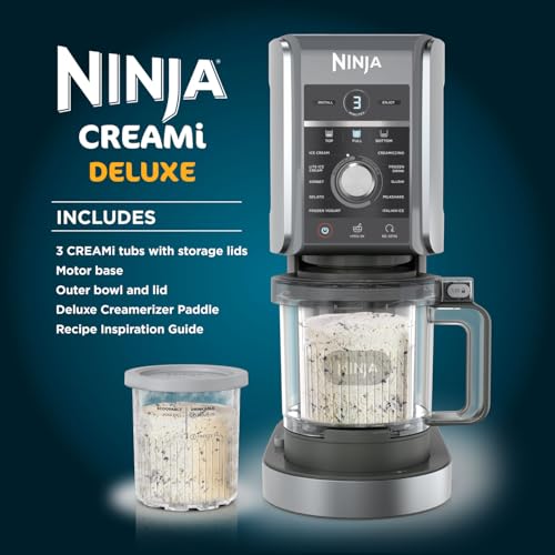 Ninja CREAMi Deluxe Ice Cream Maker & Frozen Dessert Maker with 3 Tubs, 10 Functions, Makes Ice Cream, Gelato, Sorbet, Frozen Yoghurt, Milkshakes, Slushi & More, 2-in-1 Flavour Option, Silver, NC501ME