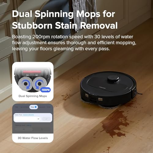 roborock Qrevo S Robot Vacuum and Mop, Self-Drying, Auto Mop Washing, 7000Pa Suction, Self-Emptying & Refilling, 10mm Mop Lifting, 200RPM Spinning Mops, Smart Obstacle Avoidance, Black