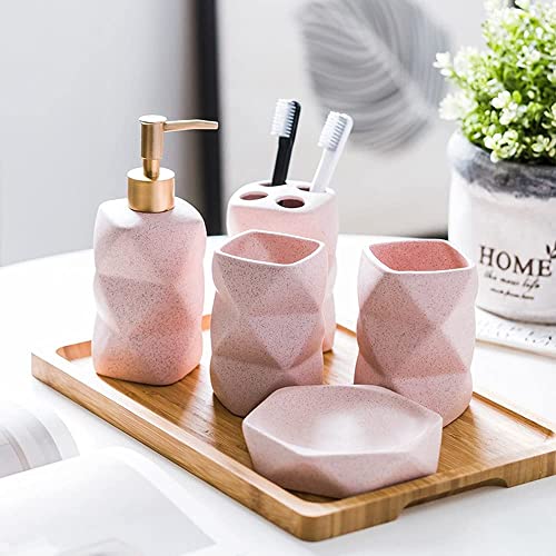 4 Pieces Bathroom Accessories Set Matte Ceramic Diamond Pattern Bath Ensemble Bath Set Collection Soap Dispenser Pump -Toothbrush Holder - Tumbler - Soap Dish (Pink), (Without the Tray)