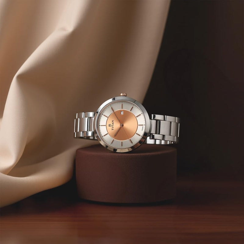 Neo Rosegold Dial, Silver Metal Strap Analog Round Watch for Women's