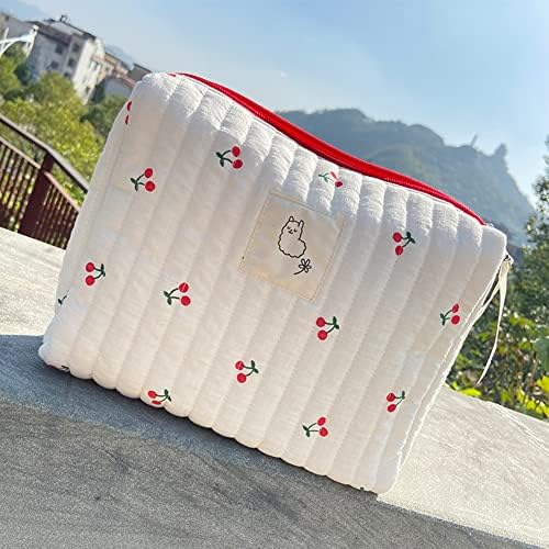 Juoxeepy Cotton Makeup Bag Large Travel Cosmetic Bag Quilted Cosmetic Pouch Coquette Aesthetic Floral Toiletry Bag, A-White, 10x5.9x5.3in