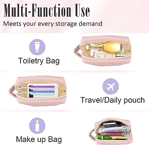 Small Makeup Bag, PU Striped Leather Cosmetic Bag, Portable Travel Makeup Pouch,Waterproof Cosmetic Pouch with Handle,Cute Makeup Bags for Women and Girls (Blue)
