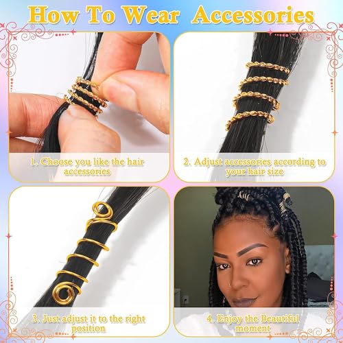 Odluzy 220 PCS Hair Beads for Locs Women Braids, Loc Jewelry for Hair, Dreadlocks Accessories, Metal Gold Silver Clips Cuffs Coils Shells Rings for Hair Braiding Beard Decoration for Girls Women