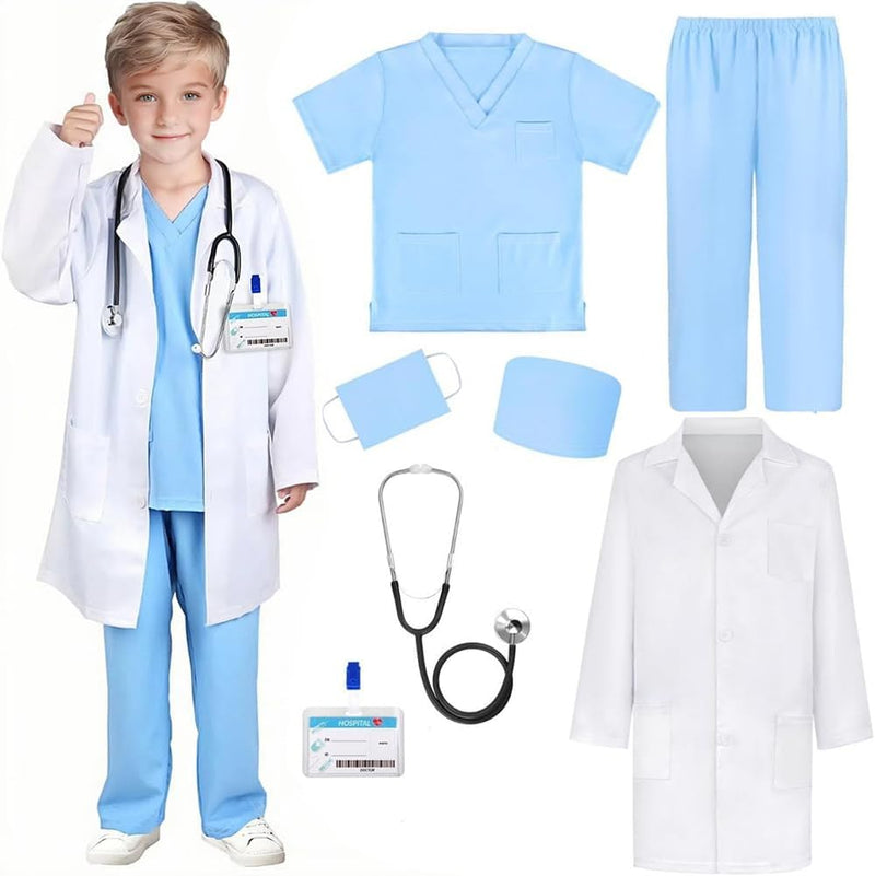 Doctor Costume Set for Kids 3-12Year Olds, Lab Coat for Kids 7pcs Scientist Cosplay Doctor Costume Set for Girls Boys - Blue